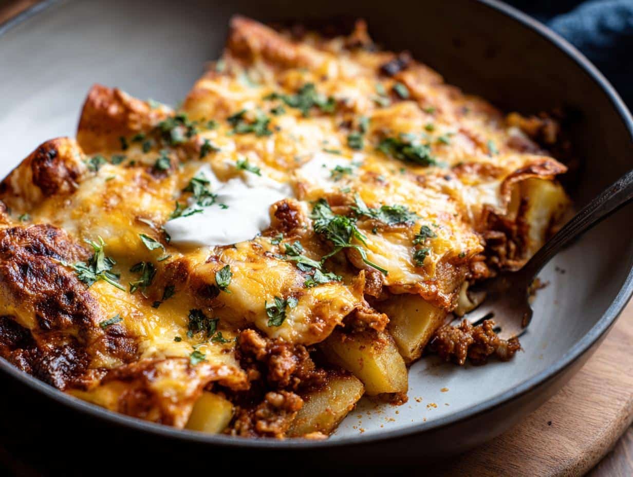 Amazing Breakfast Enchiladas Potatoes: 1 Comfort - Crispy potatoes and fluffy eggs filling for breakfast enchiladas