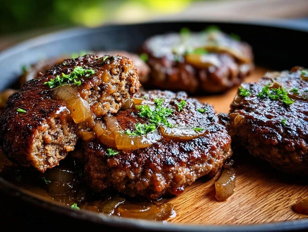Savory Hamburger Steaks Onion Mushroom - A plate of perfectly cooked hamburger steaks with onion mushroom gravy