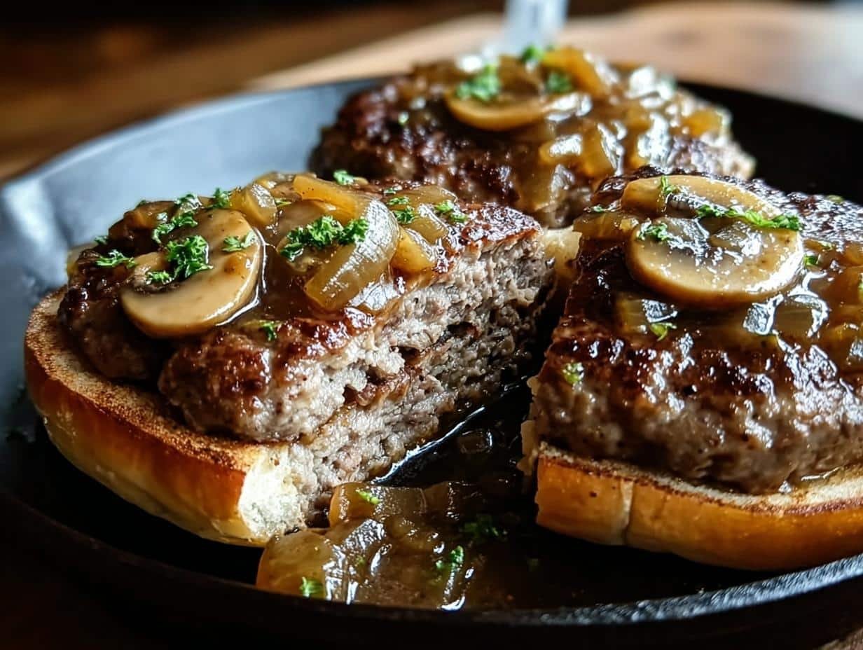 Savory Hamburger Steaks Onion Mushroom - Sautéed onions and mushrooms in a skillet