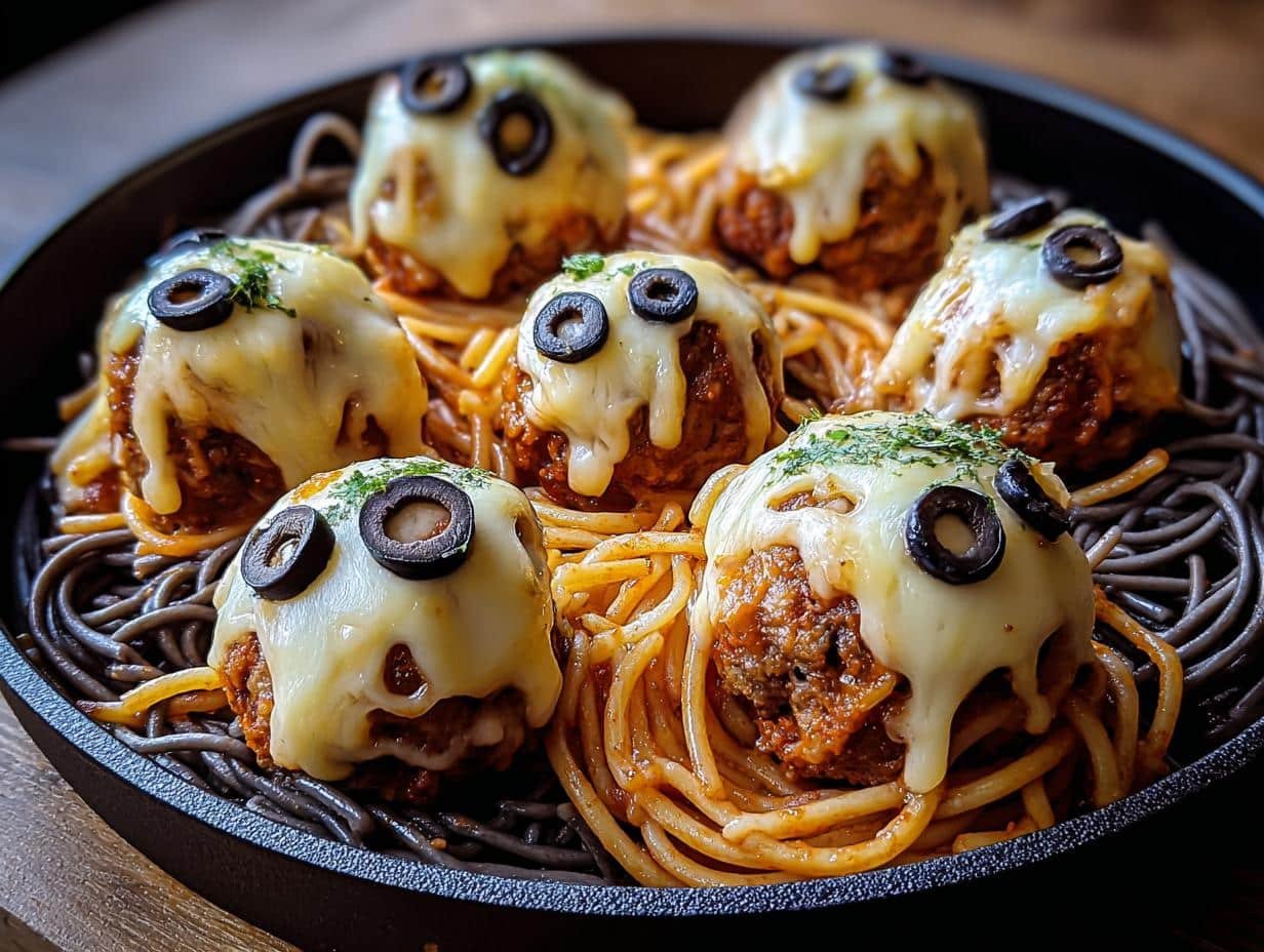 Spooky Spaghetti Cheesy Monster: Close-up of monster eyes on meatballs