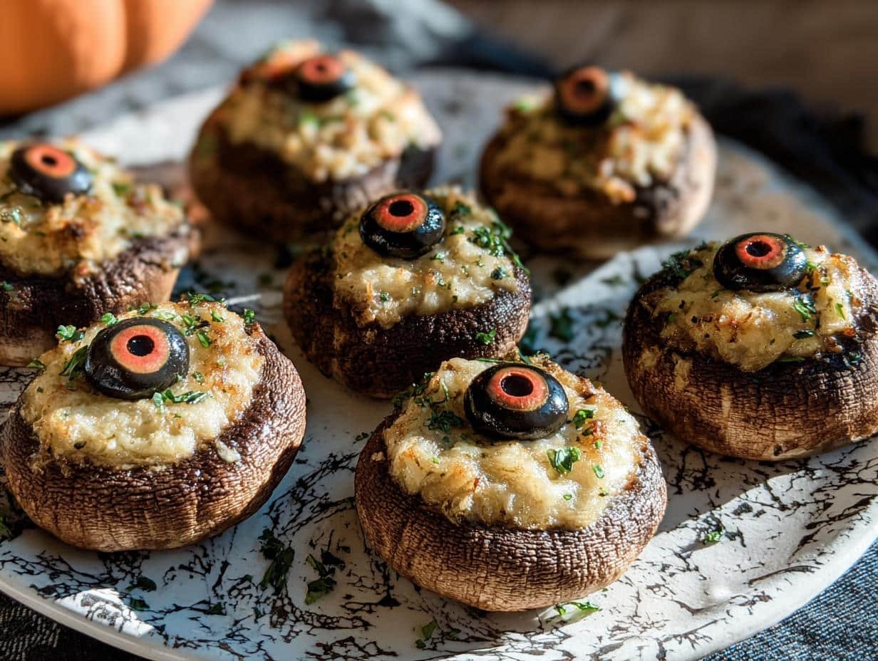 Stuffed Mushroom Eyeballs: 1 Terrifyingly Tasty Treat - Stuffed Mushroom Eyeballs - additional detail