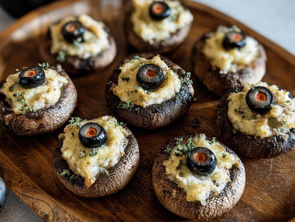 Stuffed Mushroom Eyeballs: 1 Terrifyingly Tasty Treat - Stuffed Mushroom Eyeballs - additional detail