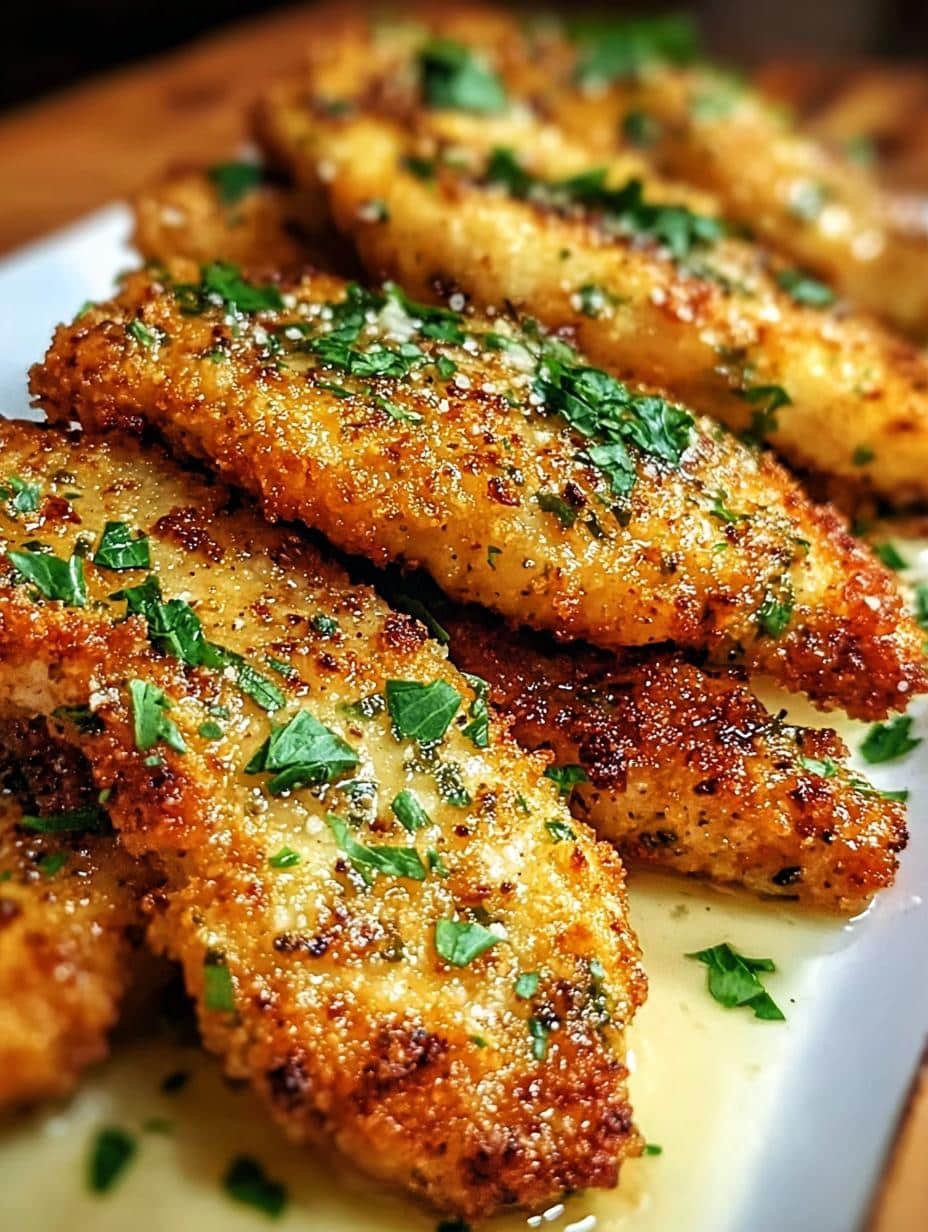 Irresistible Lemon Garlic Parmesan Chicken Tenders being coated in breadcrumbs and Parmesan