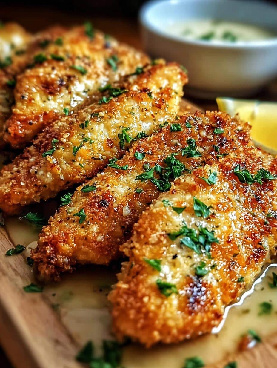 Close-up of Irresistible Lemon Garlic Parmesan Chicken Tenders on a baking sheet, golden brown and garnished with parsley